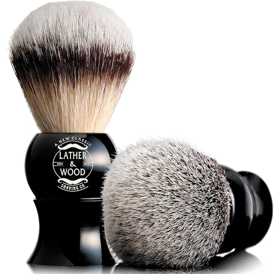 Lather & Wood Shaving Brush for Men- Premium 100% Synthetic Silvertip Hair - with Travel Case - Black Obsidian Acrylic Handle