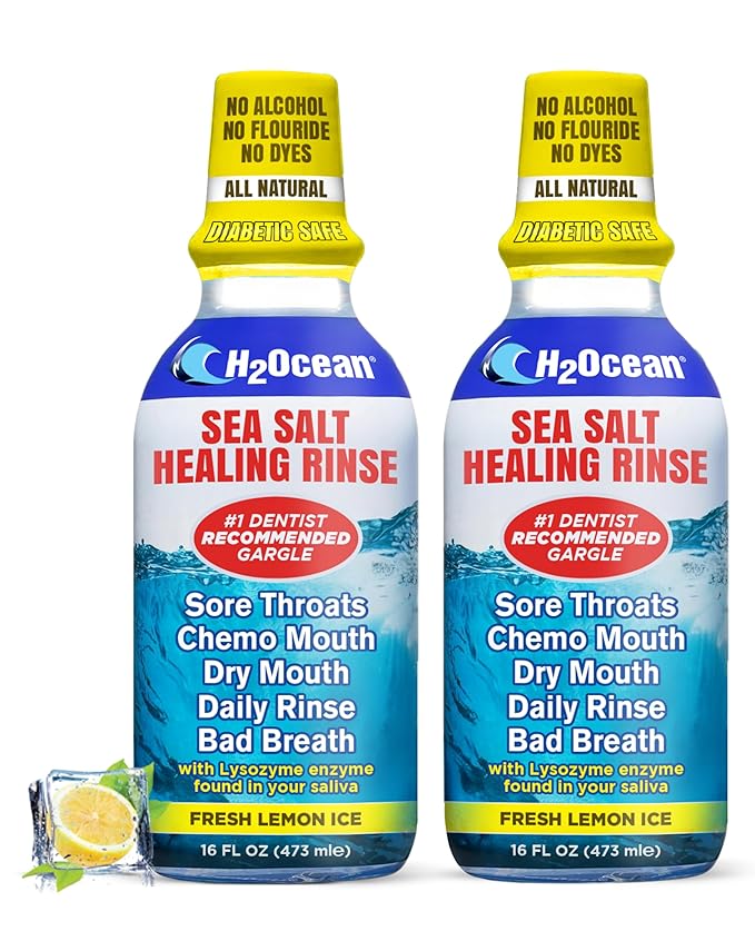 H2Ocean Healing Rinse Natural Sea Salt Whitening Mouthwash - Alcohol & Fluoride-Free Oral Care for Tonsil Stones, Sore Throats, Wisdom Teeth Recovery & Gum Health - Lemon Ice, 16 oz (Pack of 2)