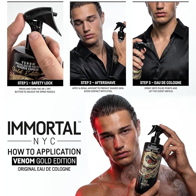 Immortal NYC Venom 'NEW GOLD EDITION', After Shave Spray Body/Face Men's Cologne, 17oz/500ml, Exclusive Barbers, Refreshes, Revitalizes and Relieves Face and Skin, Moisturizing Formula After Shaving