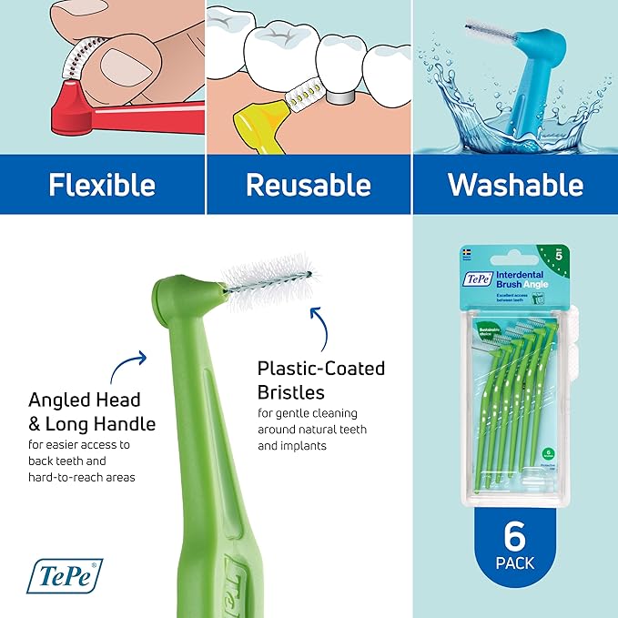 TEPE Interdental Brush Angle, Angled Dental Brush for Teeth Cleaning, Pack of 6, 0.8 mm, Large Gaps, Green, Size 5