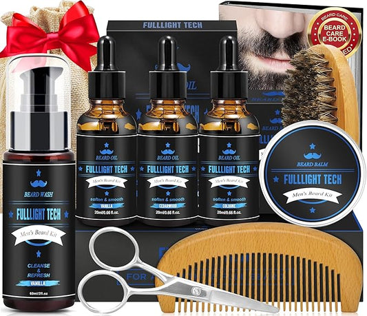 Husband Birthday Gifts,Beard Kit Includes 3 Scented Beard Oil,Vanilla Beard Shampoo & Balm, Brush, Comb,Scissors,Beard Care & Grooming Men Christmas Stocking Stuffers Gifts for Men Him Dad Boyfriend