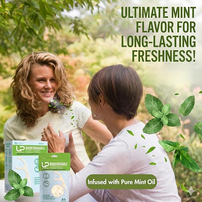 Twin Line Dental Floss Picks (220 Count) – Tooth Flossers Made with Wheat-Straw, Double Thread for 2X Clean, Minty Fresh, Smooth Glide, Shred-Resistant Floss | Travel Case Holds 10 Picks