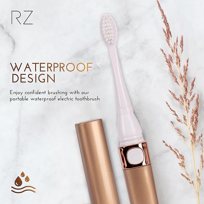 Rachel Zoe Portable Electric Toothbrush for Adults, Battery Operated Compact Sonic Tooth Brush for Trips, Waterproof Travel Toothbrush with Cover, 2 Removable Brush Heads Included, Rose/Gold/White