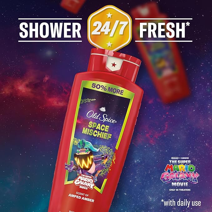 Old Spice Body & Face Wash for Men, x The Super Mario Galaxy Movie, 3X Defense, 24/7 Shower Fresh with Long Lasting Scent, Smell Super with Space Mischief, Amped Amber Scent, 24 oz