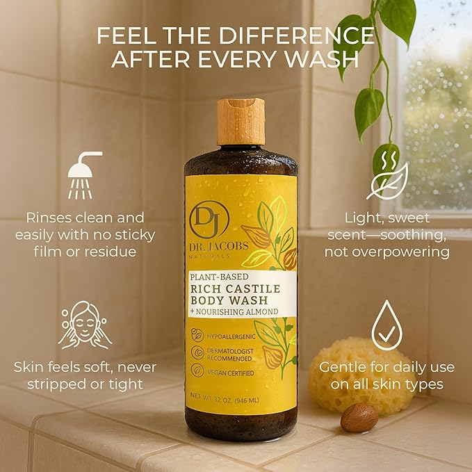 Dr. Jacobs Naturals Pure Castile Soap Liquid Body Wash, Almond - Plant Based Castile Soap Infused with Vitamin E and Aloe Vera to Moisturize Dry and Sensitive Skin - Made in The USA - 32 oz, Pack of 1