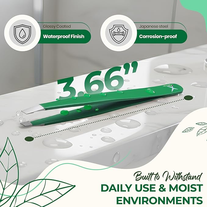 Professional Slant Tip Eyebrow Tweezers for Women & Men – Precision Hair Removal Tool – Stainless Steel Tweezers for Eyebrow Shaping, Facial Hair, Ingrown Hair & Splinter Removal (Jade Green)