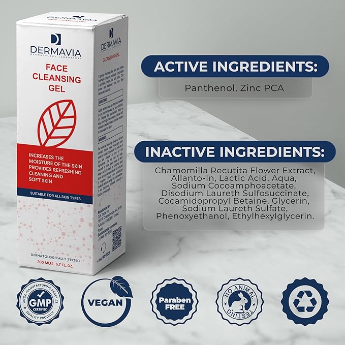 Face Cleansing Gel for All Skin Types - Face Cleanser Face Wash for Women Deep Cleanse with Zinc PCA, Allantoin, Panthenol, Lactic Acid, Chamomile Flower Extract - Hydrating Facial Cleanser - 200 ml