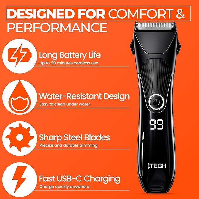 TEGH Men’s Beard & Hair Grooming Trimmer – Cordless Electric Beard & Hair Trimmer for Men, Rechargeable Waterproof Design with Adjustable Guards
