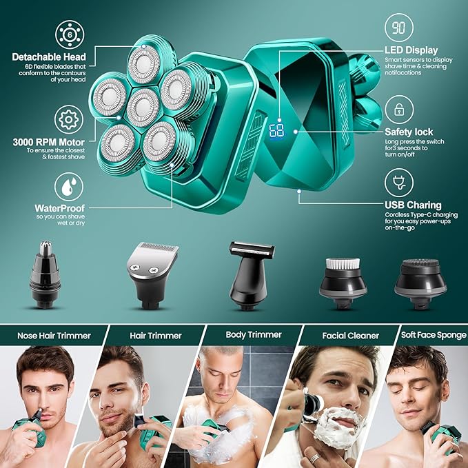 Head Shavers for Bald Men, IPX7 Waterproof Detachable Head Shaver,6D Electric Razor for Men, 6 in 1 Wet/Dry Rechargeable LED Shaving Kit with Type-C Charge