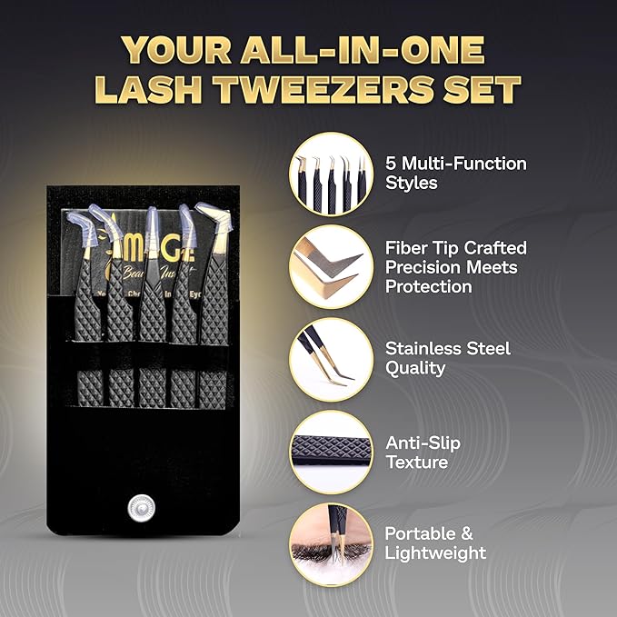 5 Pcs Fiber-Tip Japanese Steel Lash Tweezer Set with Leather Case, Professional Eyelash Tweezers for Lash Extensions – Titanium Coated, 90 & 45 Angled, Precision Pointed Tweezers (MATT BLACK)