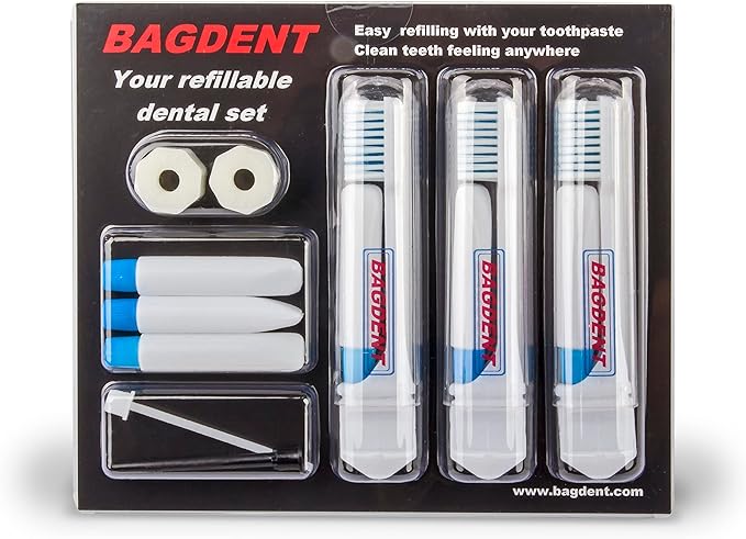 Travel Toothbrushes and Toothpaste Empty Containers - 11 PCS/Set: 3X Foldable Toothbrushes, 6X Empty Refillable Tubes (0.12oz), 2X Filling Adapters, Travel Set, Emergency Set, Daily Use