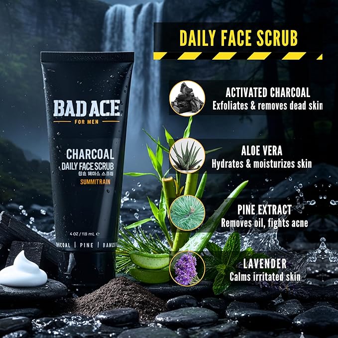 BAD ACE Daily Men's Charcoal Face Wash with Scrubs, Korean Exfoliating Face Wash - Premium Face Scrub for Men, Deep Cleansing Skin Care | Men's Facial Cleanser for Oily Skin & Normal Skin, 4 oz