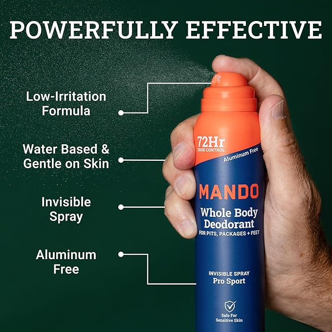 Mando Whole Body Deodorant For Men - Invisible Spray Deodorant - 72 Hour Odor Control - Low Irritation Formula - Aluminum Free, Benzene Free - 3.6 ounce Can - Pro Sport