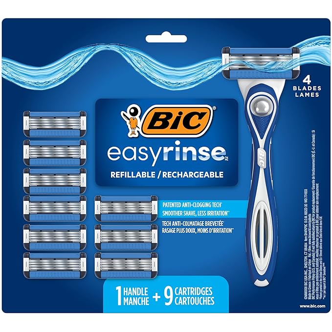 BIC EasyRinse Anti-Clogging, Refillable Men's Razors With 4 Blades, 1 Handle and 9 Refill Razor Cartridges Razor Kit