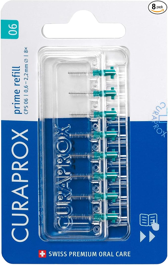 Curaprox Interdental Brush Refills CPS 06 Prime – ISO Size 0, Green | Ultra-Fine Filaments for Gentle Cleaning of Small Gaps | 8-Pack | Swiss Made | English Packaging