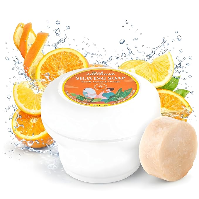 Satthwa Organic Shaving Soap Puck infused with Neroli, Lemon & Orange | Create the Perfect Lather | Excellent for Silky Smooth Shaves | Hydrates and Shields, For Men & Women - 50gx2 (1.7oz x2)