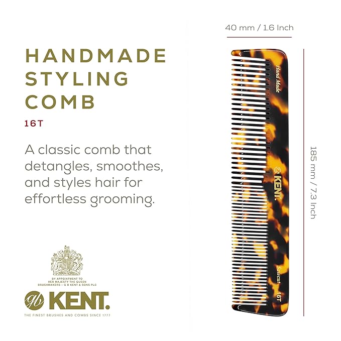Kent 16T TY Fine and Wide Tooth for Daily Grooming,Handmade Styling Comb for All Hair Types,Wet or Dry Hair Detangling Comb for Men and Women,Saw Cut Hand Polished,Made in England