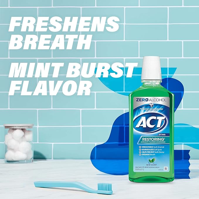 ACT Restoring Zero Alcohol Fluoride Mouthwash 33.8 fl. oz. Strengthens Tooth Enamel, Mint Burst (Pack of 2)