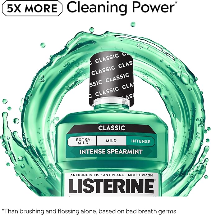 Listerine Freshburst Intense Antiseptic Mouthwash for Bad Breath, Kills 99.9% of Germs that Cause Bad Breath & Fight Plaque & Gingivitis, ADA Accepted Mouthwash, Intense Spearmint, 250 mL