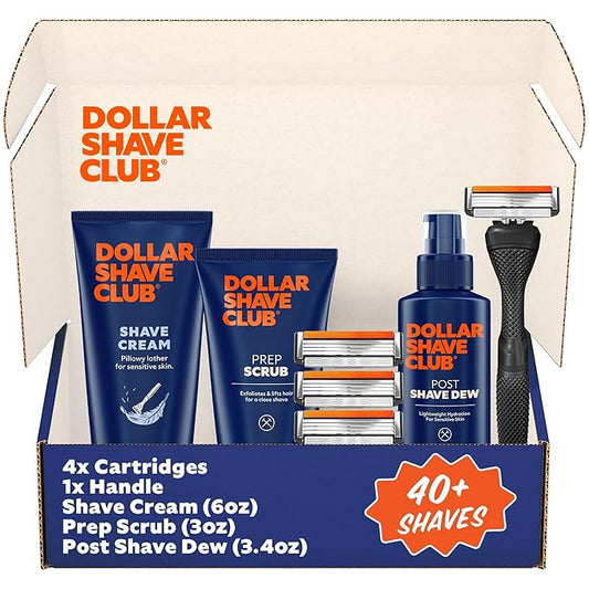 Dollar Shave Club | Ultimate Set | 4 Swift Rinse Refill Cartridges, 1 Handle, 1 Prep Scrub 3 ounce, 1 Shave Cream 6 ounce, 1 Post Shave Dew 3.4 ounce