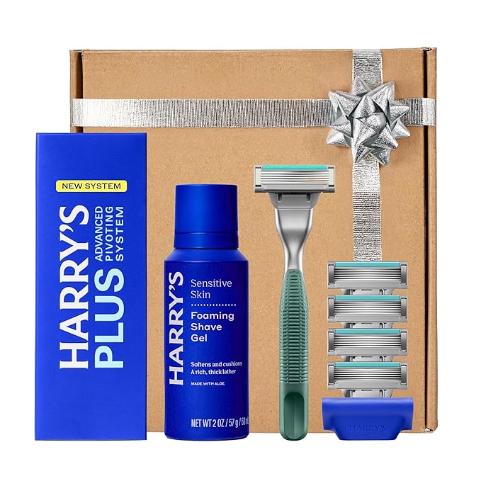 HARRY'S PLUS: Shaving Kit for Men - Gift Box with Premium Handle, 5 Razor Blade Cartridges, 2 oz Foaming Shave Gel & Travel Cover, Advanced Pivoting System - Moss