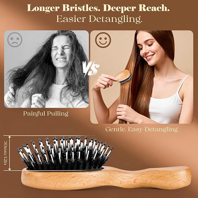 Mini Boar Bristle Hair Brush Since 1965 British Craftsmanship, Handmade Natural Wooden Small Hairbrush, Soft Bristles Gentle Detangling Smoothing Women Men Kids Long Curly Thick,Thin, Fine Hair