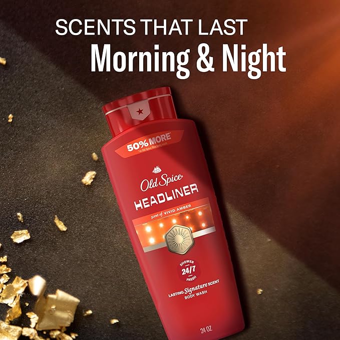 Old Spice Body Wash for Men, 24/7 Shower Fresh & Clean with Daily Use, Lasting Signature Scent, Refreshing Lather, Moisturizing Formula, Headliner with Black Currant, Leather, & Amber Scent, 24 oz