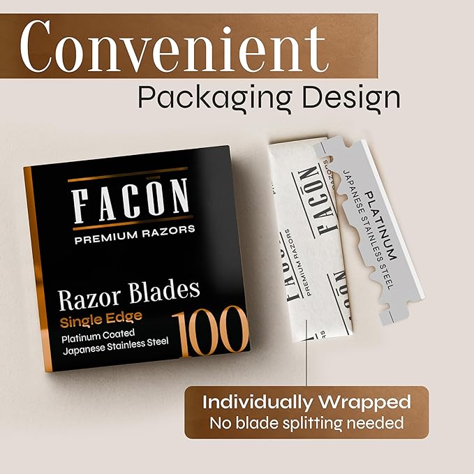 100 Facón Single Edge Razor Blades for Barber Straight Razor, Straight Razor Blades for Shaving, Platinum Japanese Stainless Steel for Smooth & Precise Shave, Premium Replacement Barber Razor Blade