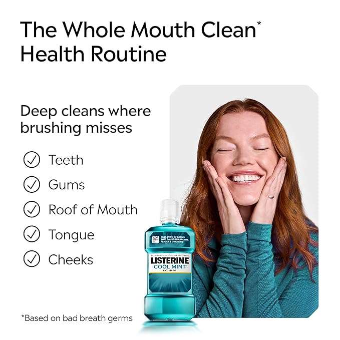 Listerine Cool Mint Antiseptic Mouthwash, Daily Oral Rinse Kills 99% of Germs that Cause Bad Breath, Plaque and Gingivitis for a Fresher, Cleaner Mouth, Cool Mint Flavor, 1.5 L (Pack of 2)