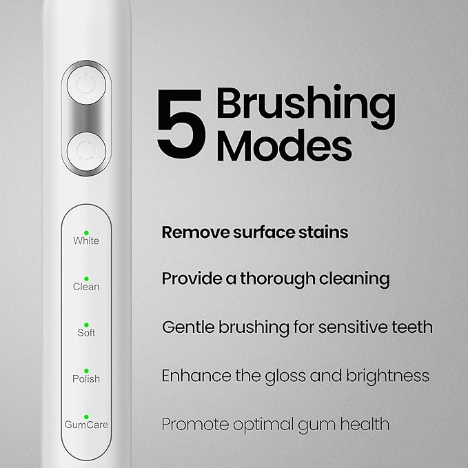 YUNCHI Electric Toothbrush for Adults and Kids, Rechargeable Sonic Electric Tooth Brush with 8 Brush Heads, 90 Days, 5 Models & 2 Minutes Smart Timer, Travel Case, 44000 VPM Motor, White