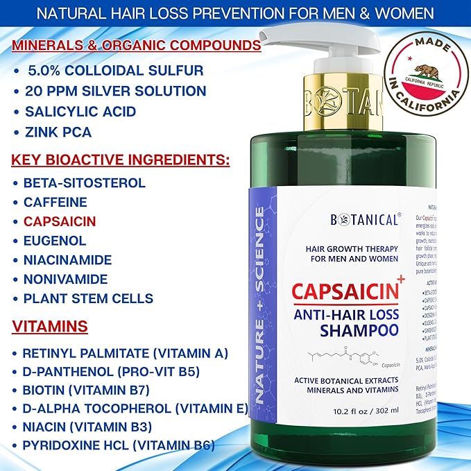 Botanical Capsaicin Shampoo for Hair Loss and Hair Thinning Oil-Free Scalp Stimulating Natural Shampoo For Men & Women 10.2 Fl Oz