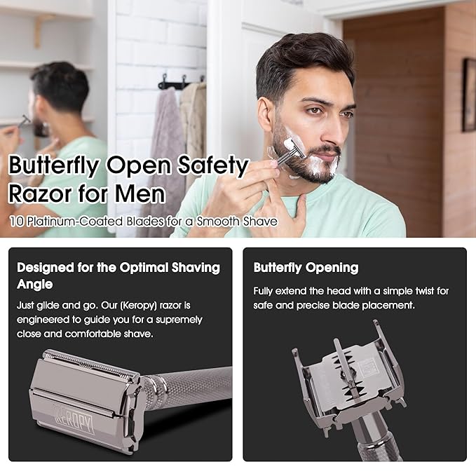 Double Edge Safety Razor for Men with 10 Blades, Butterfly Open Design for Close Shave - Eco-Friendly Metal Razor, Premium Gift for Dad, Husband - Modern Shaving Kit - Gloss Black