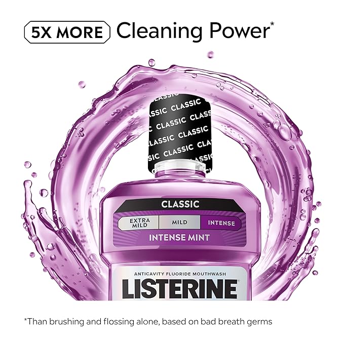 Listerine Total Care Intense Anticavity Fluoride Mouthwash, 6 Benefits in 1 Oral Rinse Helps Kill 99% of Bad Breath Germs, Prevents Cavities, Provides 360 Clean*, ADA-Accepted, Intense Mint, 1 L