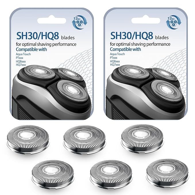 6 Pack SH30/HQ8 Replacment Blades for Aquatec PTxxx, ATxxx Series Razors, Dual-Layer Shaver Heads for Close and Smooth Shave