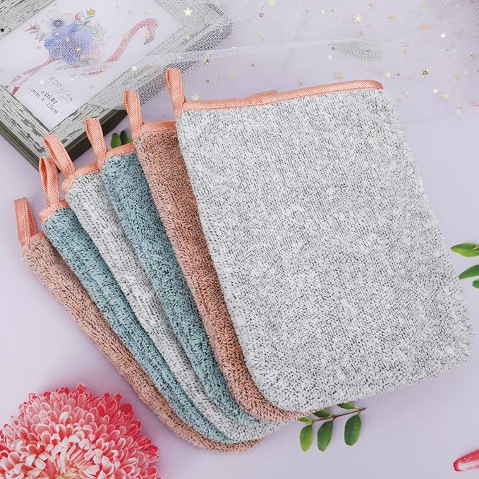 PHOGARY 6 Pack Microfiber Body Wash Mitts, 6×8 Inch Super Absorbent & Soft Face Mitten, Coral Fleece Bath Spa Cloth, Reusable Makeup Remover Mitt Gloves, 3 Colors