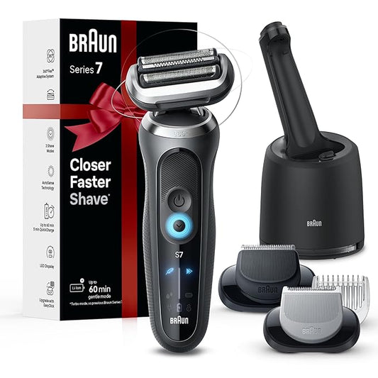 Braun Electric Shaver for Men, Series 7 7177cc, Wet & Dry Shave, Turbo & Gentle Shaving Modes, Waterproof Foil Shaver, Space Grey, Holiday Gifts for Men