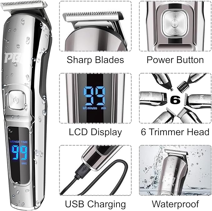 Trimmer for Men Features Waterproof Electric Razor for Your Needs Including Nose, Body, Face and Mustache, Cordless Hair Clippers Shavers for Men Grooming Kit, Silver Color