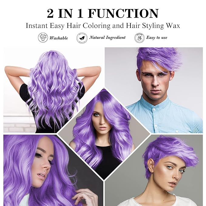 Temporary Purple Hair Spray Color Wax with Dye Brush, Instant Natural Violet Hairstyle Cream 4.23 oz, Disposable Coloring Mud for Men Women, Washable Styling Pomades, Party Cosplay DIY Halloween