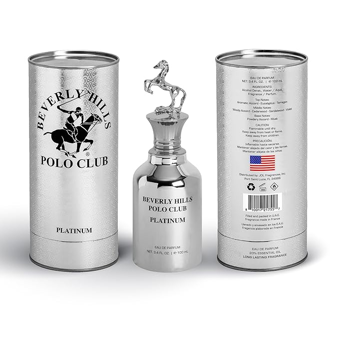 Beverly Hills Polo Club PLATINUM Eau de Parfum for Men - 3.4 Fl Oz Long-Lasting Fragrance with Iconic Metal Horse Cap & Premium Cylinder Box
