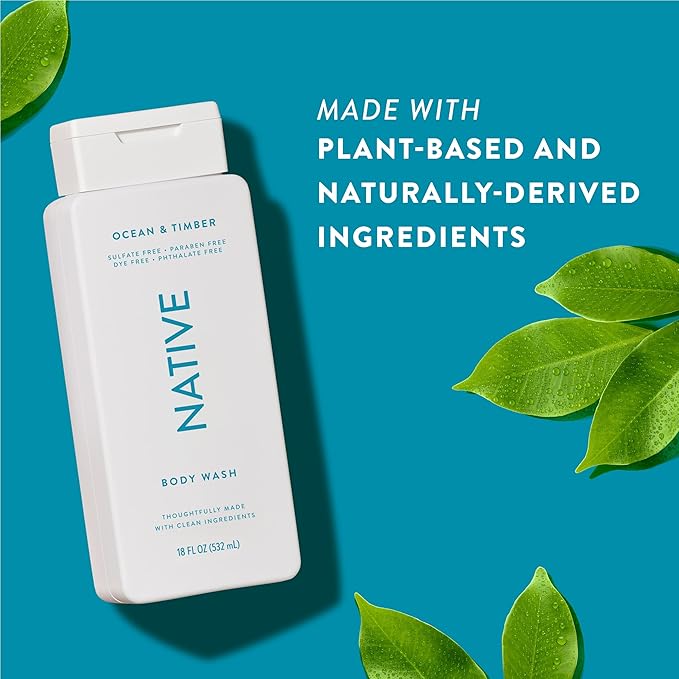 Native Body Wash Contains Naturally Derived Ingredients | For Women & Men, Sulfate, Paraben, & Dye Free Leaving Skin Soft and Hydrating | Ocean & Timber 18 oz
