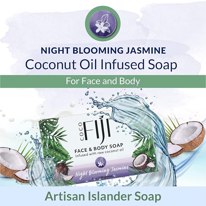 "Coco Fiji Soap Bar for Face and Body Infused With Organic Coconut Oil, Night Blooming Jasmine Essential Oil, Natural Soap for Moisturizing & Pore Purifying Skin, 7 oz, Pack Of 3 "