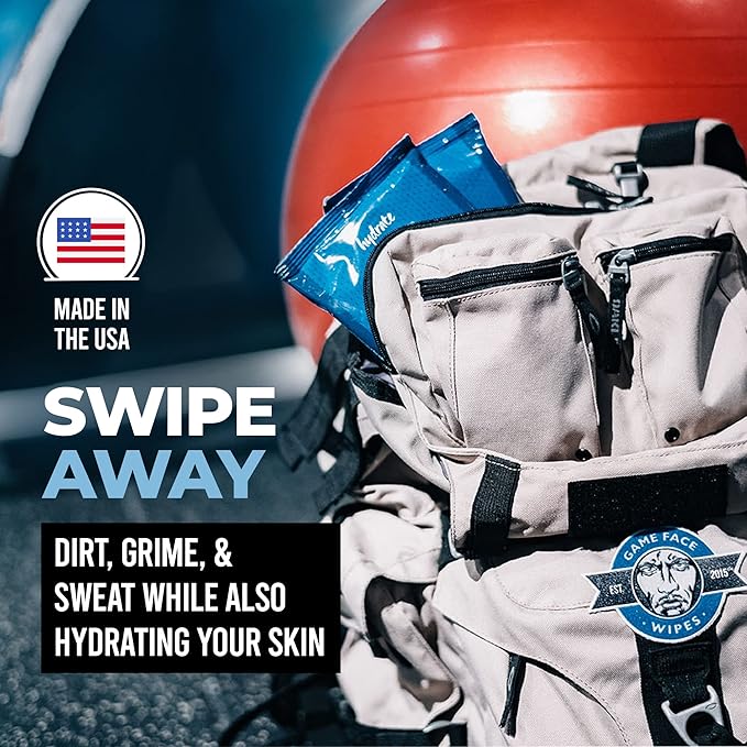 Game Face Cleansing Face Wipes 25 Count Pack XL Size 100% Compostable, Naturally Formulated and Lightly Scented Hydrating, Refreshing, and Rejuvenating for Athletic, Sport, and On The Go Needs.