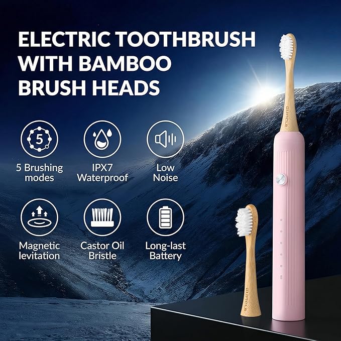 Bamboo Electric Toothbrush for Adults，Sonic Electric Toothbrush with 4 Bamboo Heads, Soft Castor Oil Bristles, 5 Modes, Smart Timer, Sonic Technology, IPX7 Waterproof, 70-Day Battery Life-Pink