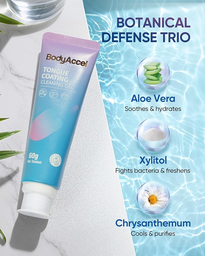 BodyAccel Tongue Cleaner Gel with Tongue Brush – Fresh Breath Oral Care Kit – Tongue Scraper Gel Set for Bad Breath Removal, Maintain Oral Health