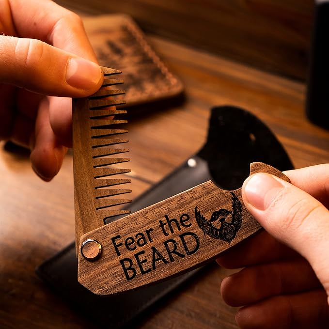Beard Comb Personalized Gifts Anniversary Gift Wooden Brush Custom Comb Groomsmen Gift Hair Brush Pocket Brush Birthday Gift for Boyfriend (Walnut, Fear The Beard)