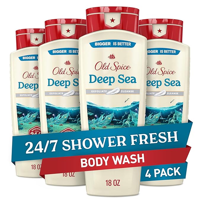 Old Spice Cleansing Body Wash for Men, 24/7 Shower Fresh with Lasting Scent, Exfoliate & Cleanse, Gentle on Skin, Vitamin B3, Deep Sea with Ocean Waves + Kelp Scent, 18 oz (Pack of 4)