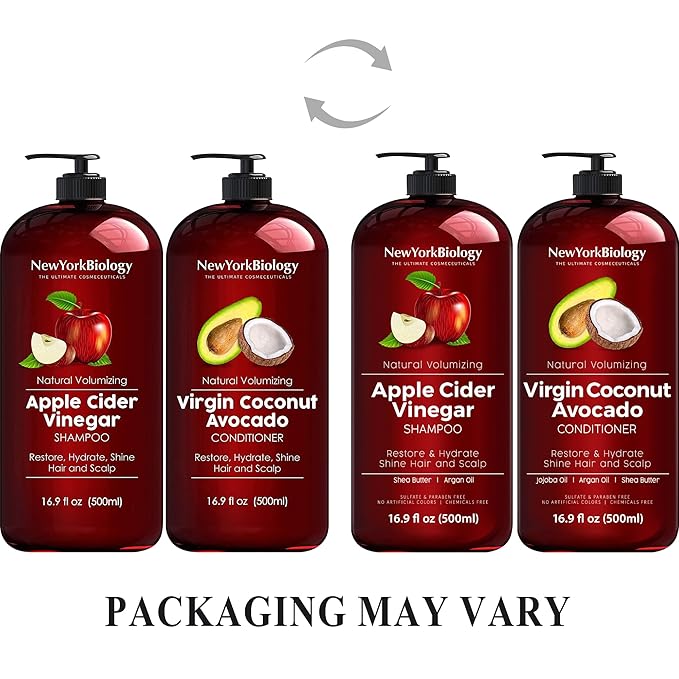 New York Biology Apple Cider Vinegar Shampoo and Coconut Avocado Oil Conditioner Set - Helps Restore Shine, Hair Gloss and Hydration for Dry Hair & Itchy Scalp - Clarifying & Nourishing - 16.9 Fl Oz