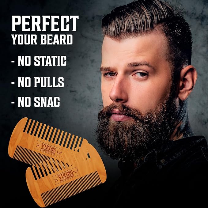 Viking Revolution Wooden Beard Comb & Case, Dual Action Fine & Coarse Teeth, Perfect for use with Balms and Oils, Top Pocket Comb for Beards & Mustaches (2 Pack)