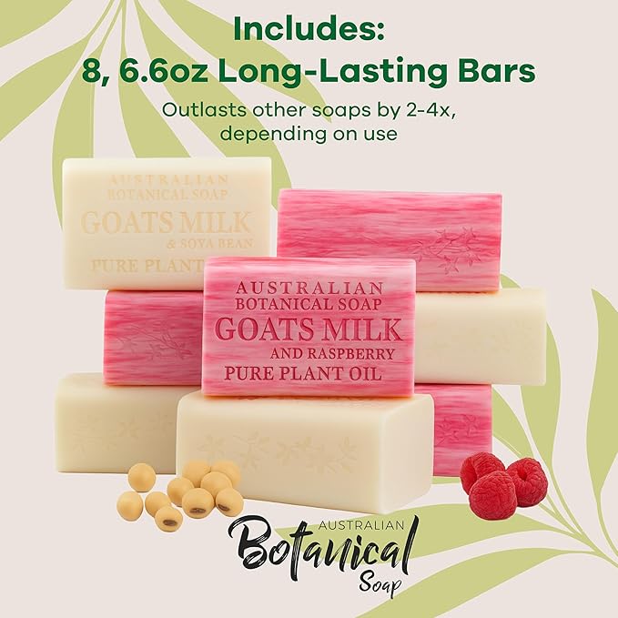 Australian Botanical Soap, Classic Goat Milk and Goat's Milk with Raspberry, 6.6 OZ, Triple Milled Bars made with Enriched with Organic Shea Butter, Pack of 8