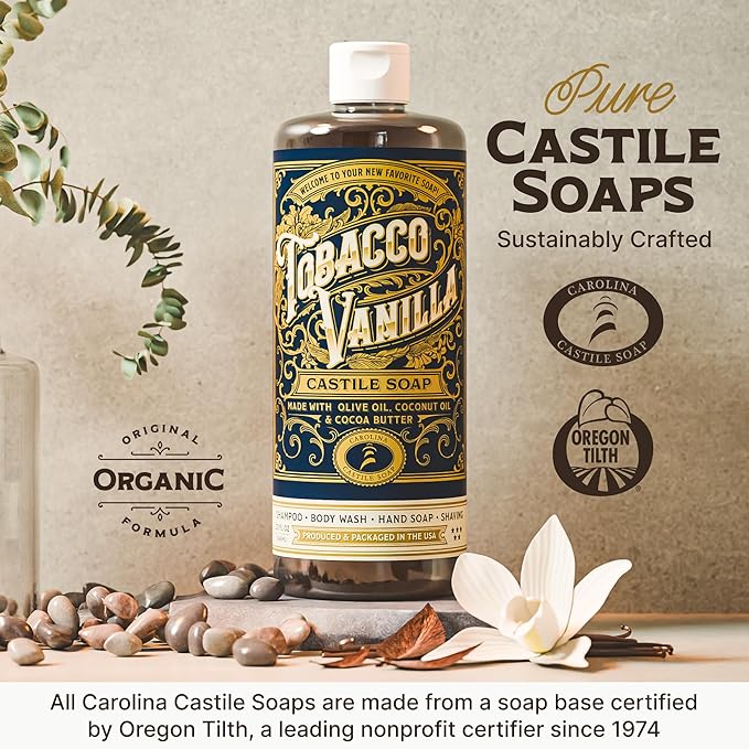 Castile Liquid Body Wash for Sensitive Skin – Natural Shampoo for Men with Olive Oil, Cocoa Butter & Coconut Oil – Tobacco Vanilla by Carolina Castile (Tobacco Vanilla, 32 Fl Oz)